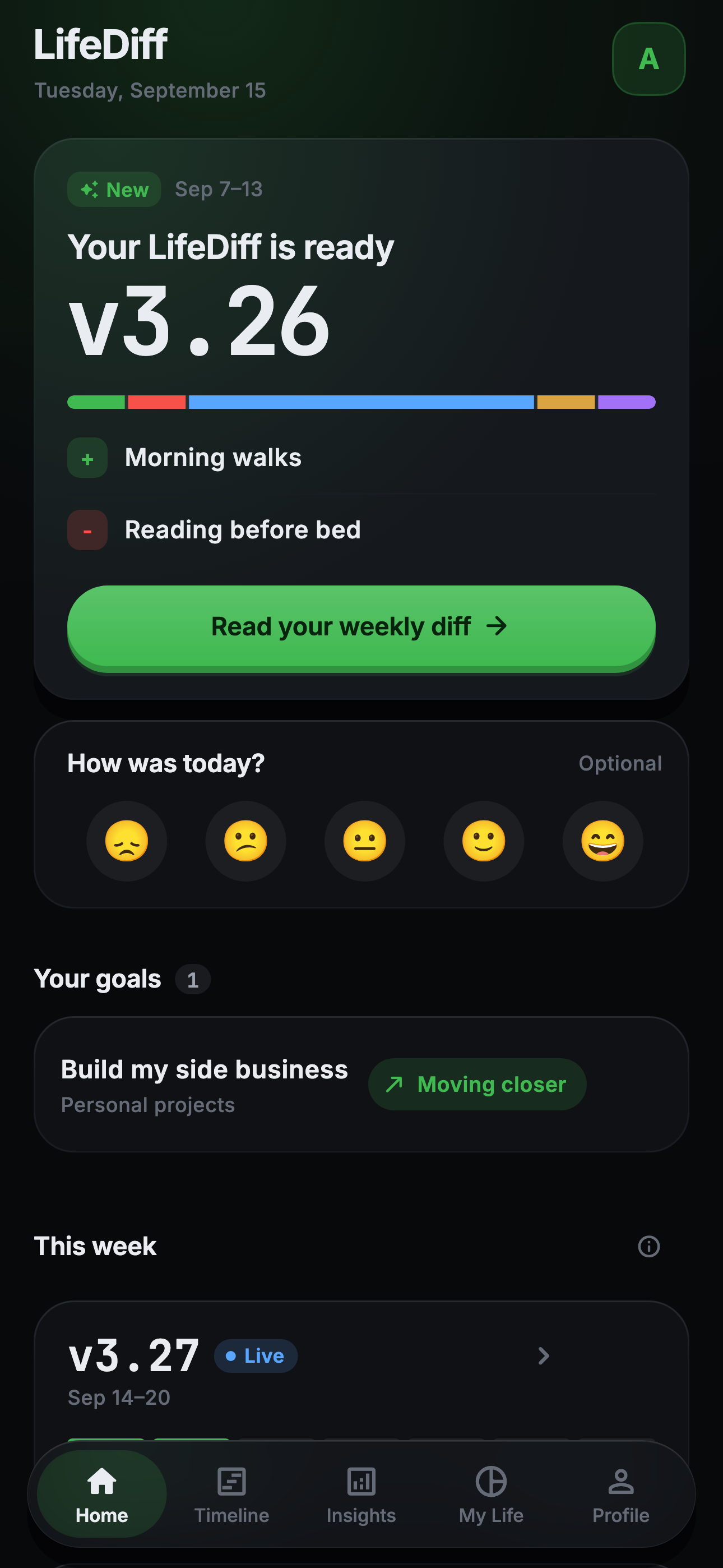LifeDiff home screen showing version readiness and diff summary