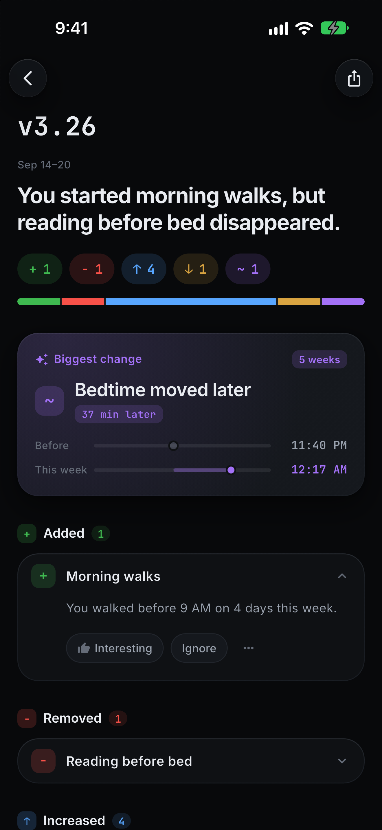 LifeDiff weekly report detail with diff rows and bedtime comparison