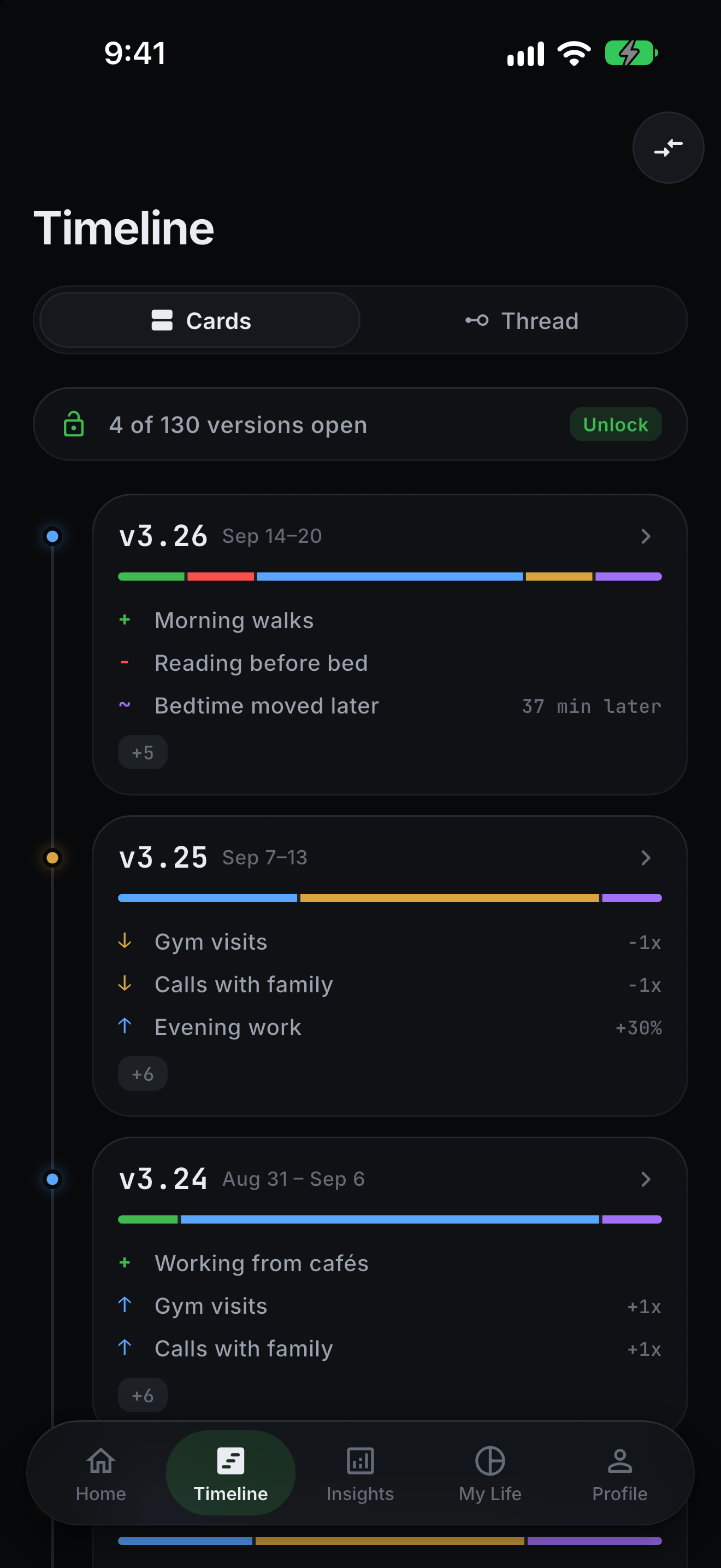 LifeDiff timeline of versions